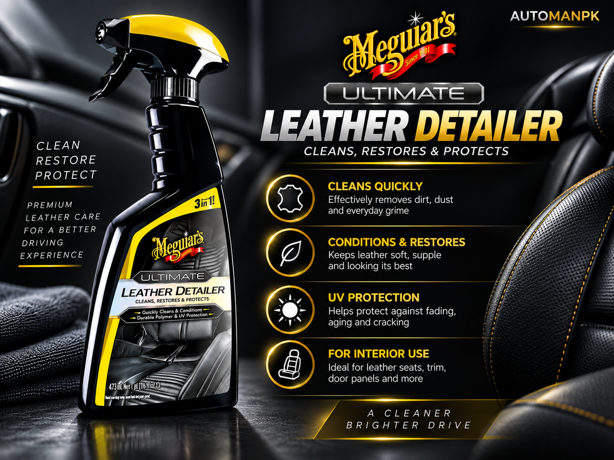 Meguiar's Ultimate Leather Detailer spray bottle displayed on a glossy black leather car seat, with a large product information graphic on the right detailing benefits and features.
