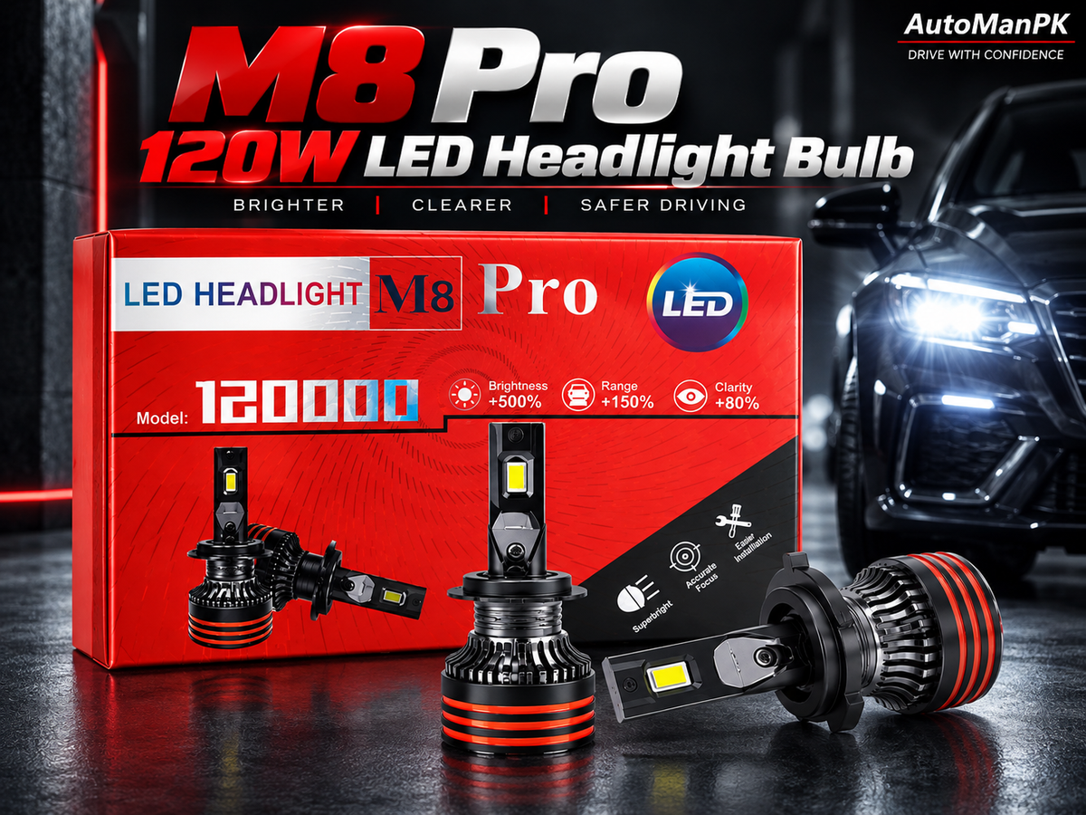 M8 Pro 120W LED headlight bulbs with their red and black retail packaging, displayed alongside two loose bulbs on a dark reflective surface. A black car with illuminated headlights is visible in the background, and the AutoManPK brand logo is shown in the top right corner.