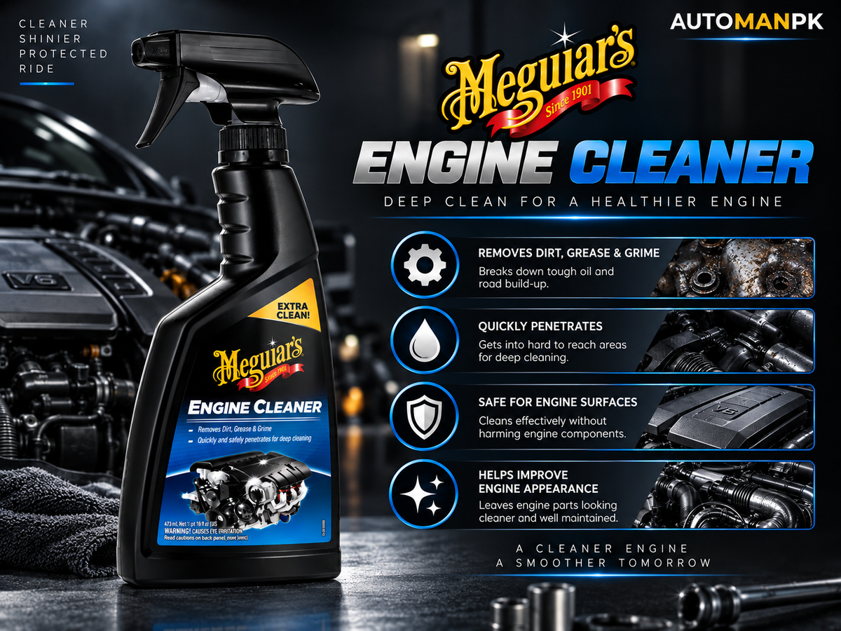 Meguiar's Engine Cleaner spray bottle displayed prominently on a dark, polished surface with a blurred car engine in the background. The right side features a detailed feature infographic with text and icons explaining the benefits of the cleaner.