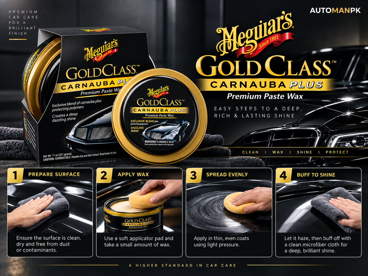Meguiar's Gold Class Carnauba Plus premium paste wax shown with its retail box and tin on a dark car background, plus a four-step application diagram below.