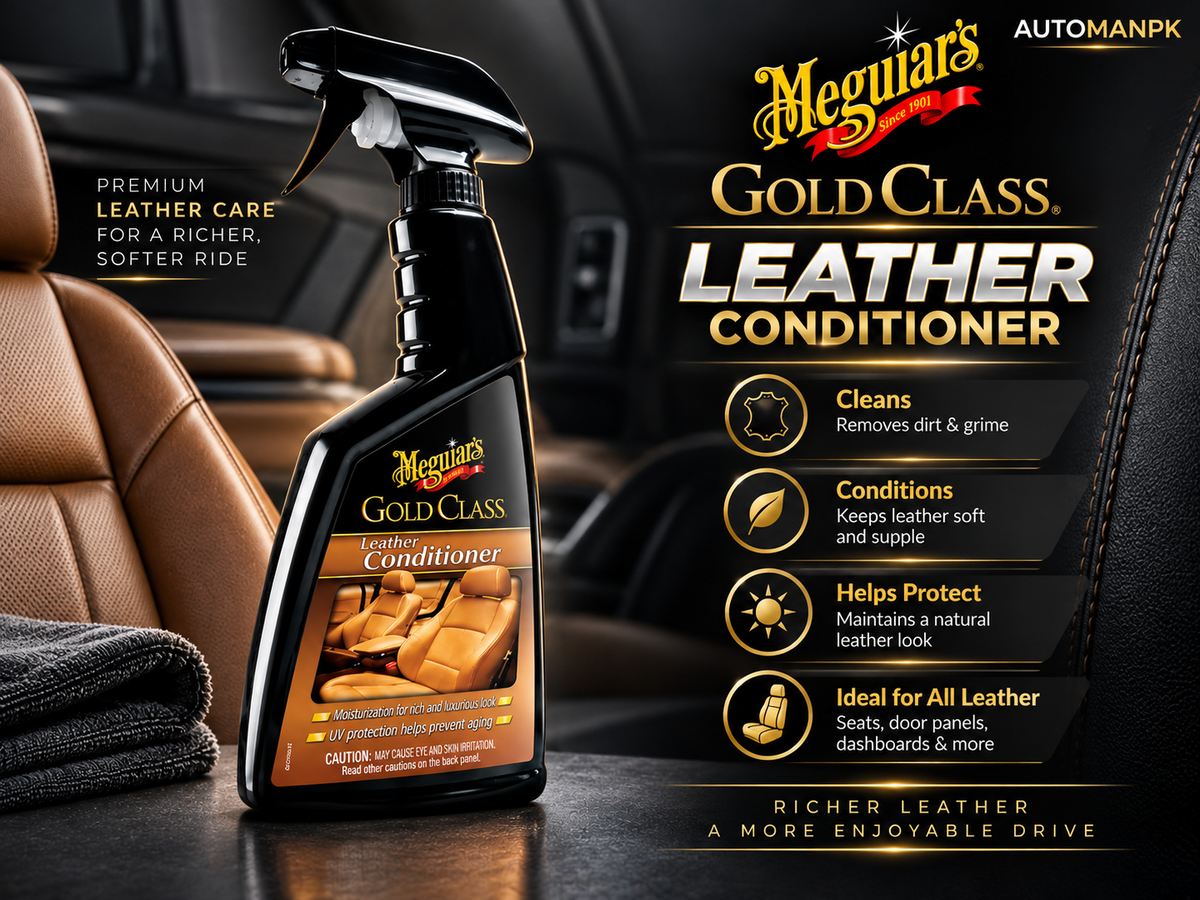 Meguiar's Gold Class Leather Conditioner spray bottle displayed on a car seat next to a leather interior, with product information and benefits listed on the right.