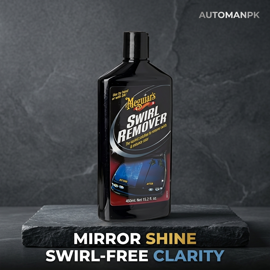 Meguiar's Swirl Remover bottle on a dark background with text 'Mirror Shine Swirl-Free Clarity'.