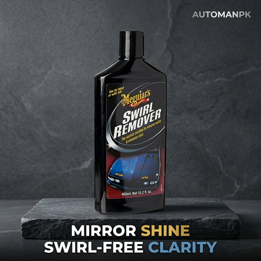 Meguiar's Swirl Remover bottle on a dark background with text 'Mirror Shine Swirl-Free Clarity'.
