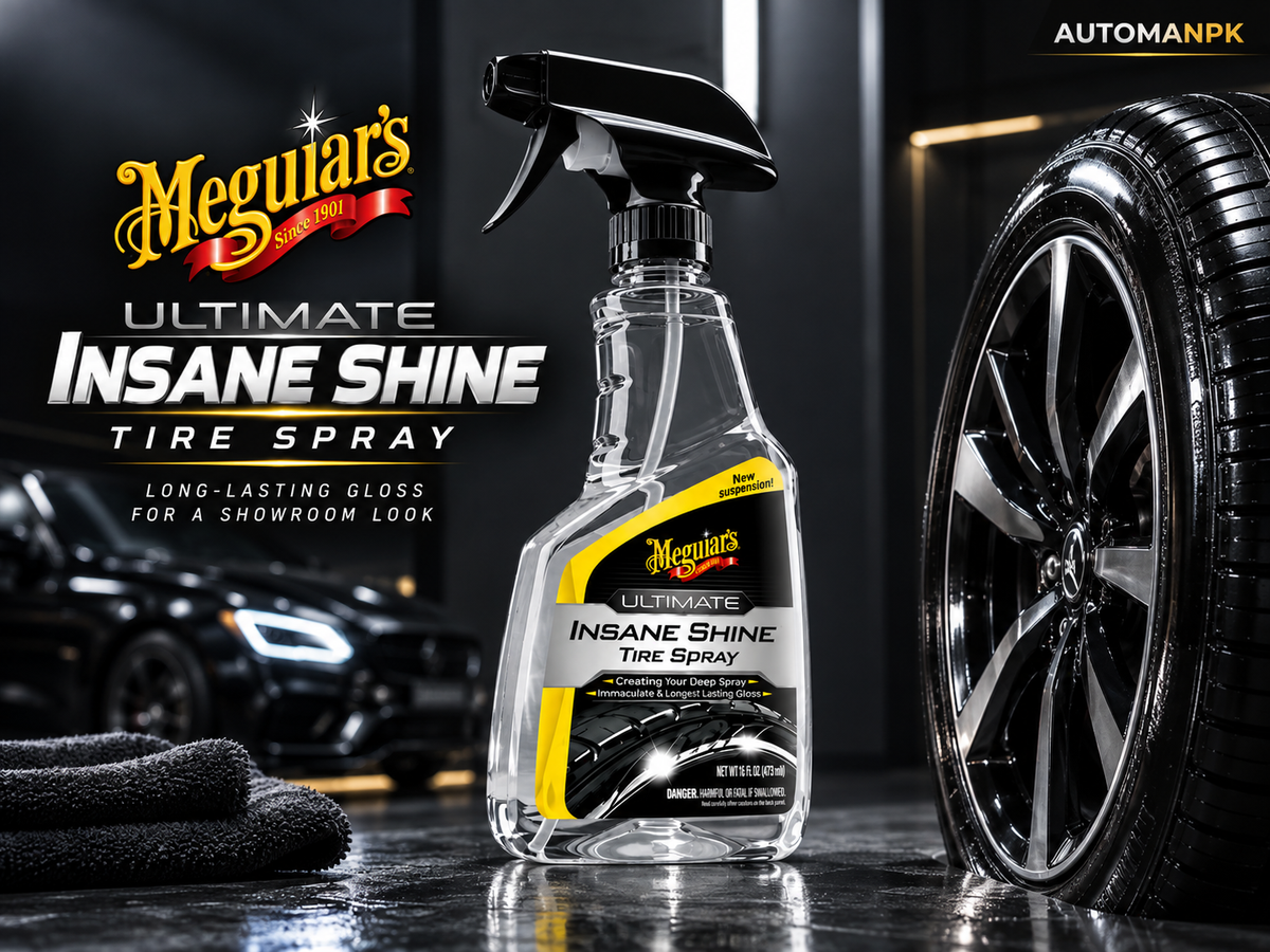 Meguiar's Ultimate Insane Shine Tire Spray bottle displayed in a dark showroom setting next to a car wheel and a black microfiber cloth. The Meguiar's logo and product name are featured in graphic text overlays.