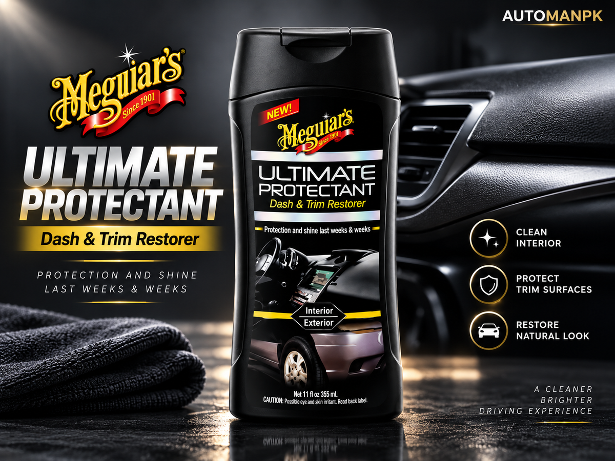Meguiars Ultimate Protectant Dash & Trim Restorer bottle displayed on a dark surface with a car interior background, alongside a black microfiber cloth and promotional text.