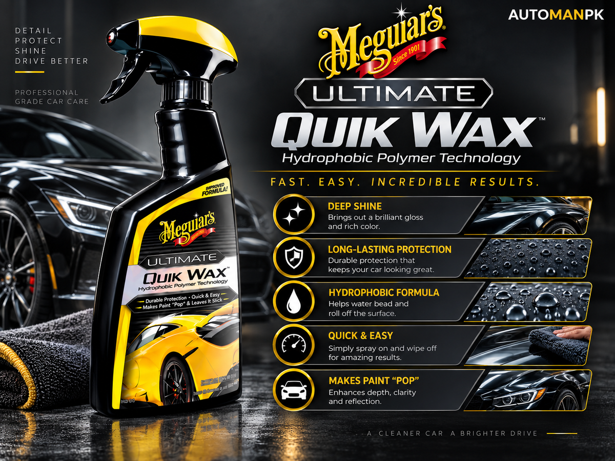 Megular's Ultimate Quik Wax hydrophobic polymer technology spray bottle shown next to a black car on a wet reflective surface, with feature callouts and branding on a dark promotional background.