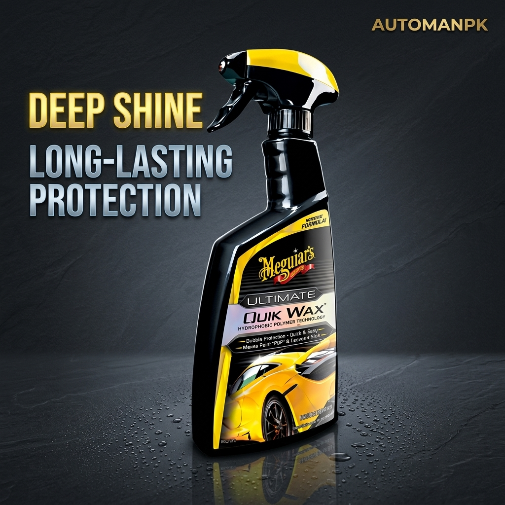 Meguiar's Ultimate Quik Wax spray bottle with text on a dark background
