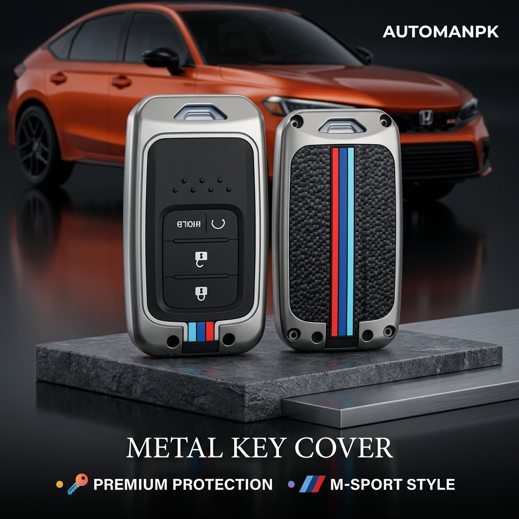 Metal key cover with car in the background, featuring AUTOMANPK branding.