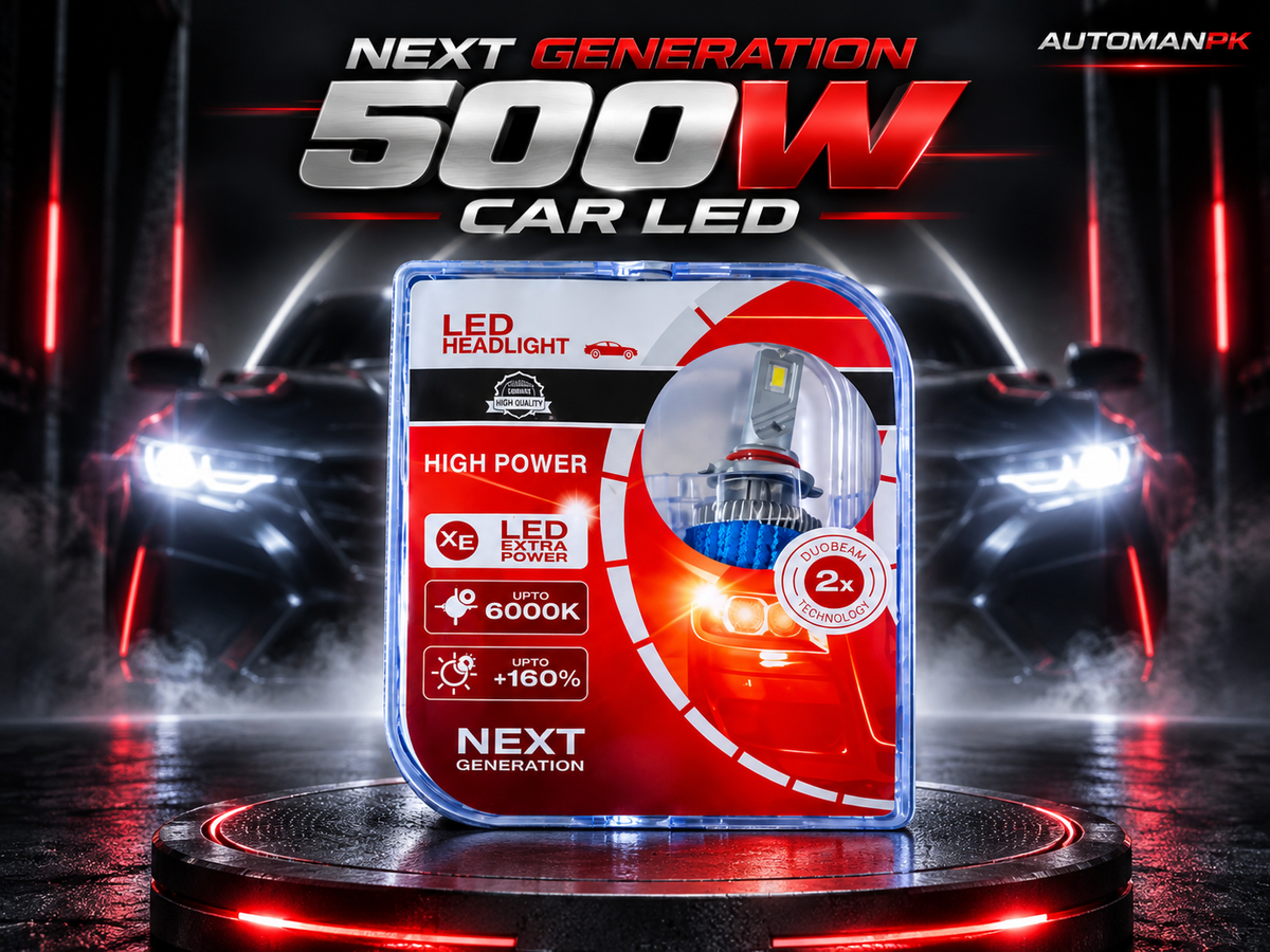 A packaged car LED headlight bulb set displayed on a glowing circular platform, with a dark car and bright headlights in the background. Large text at the top reads 'NEXT GENERATION 500W CAR LED' and a brand mark 'AUTOMANPK' appears in the top right.