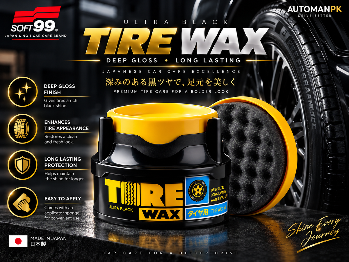 A jar of Soft 99 Ultra Black Tire Wax with a yellow lid and a black foam applicator sponge, displayed next to a black tire on a dark reflective surface with promotional text and Japanese callouts.