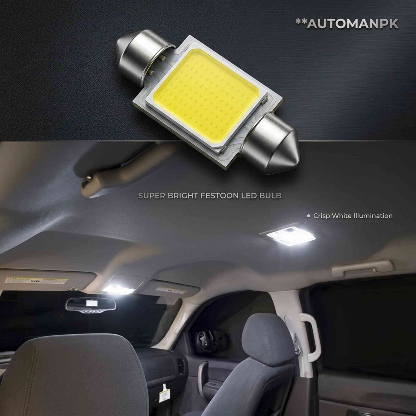 Car interior with a super bright festoon LED bulb and 'AUTOMANPK' branding.