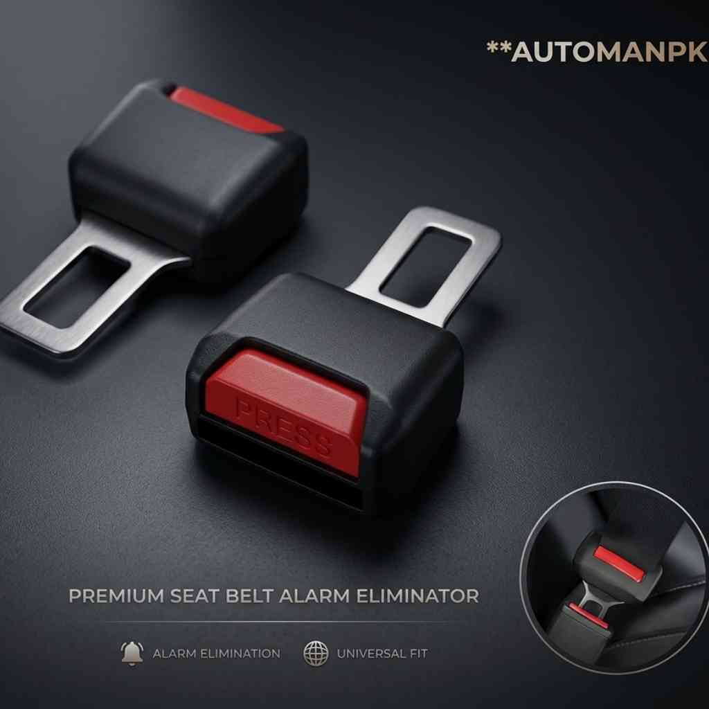 Two black and red seat belt alarm eliminators on a dark background with 'AUTOMANPK' branding.