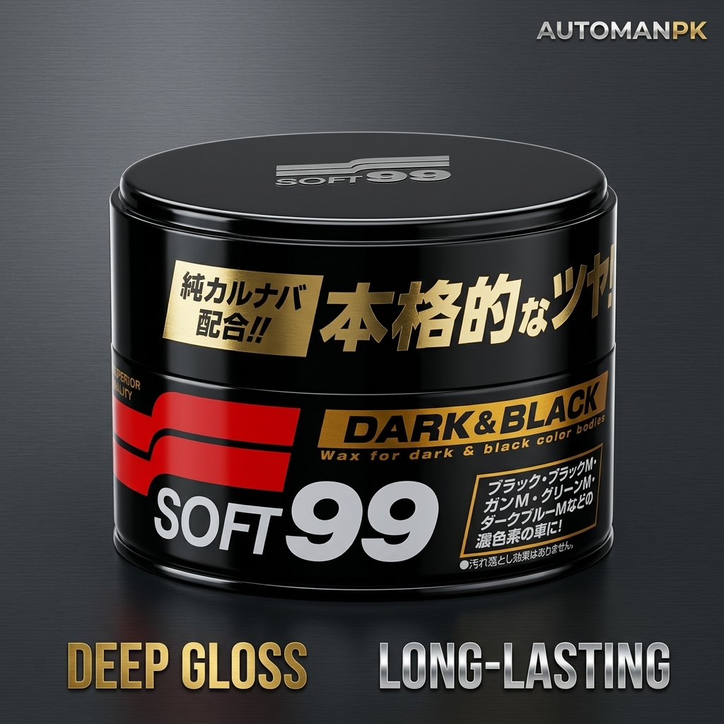 Black container of Soft99 Dark & Black wax with Japanese text on a dark background