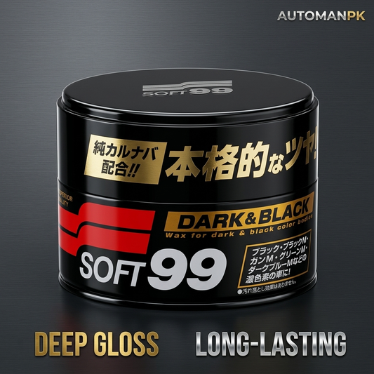 Black container of Soft99 Dark & Black wax with Japanese text on a dark background