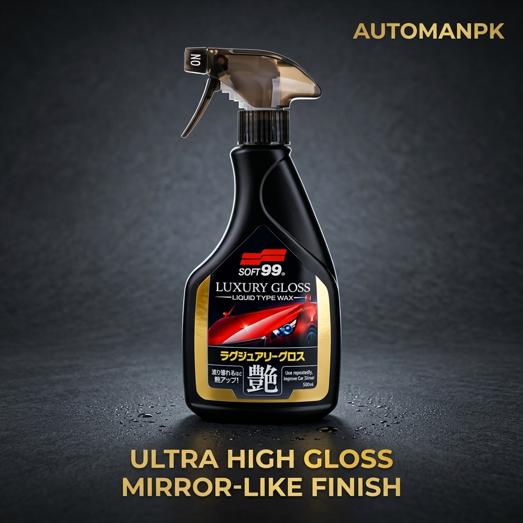 Bottle of Soft99 Luxury Gloss liquid type wax on a dark background with 'AUTOMANPK' branding.