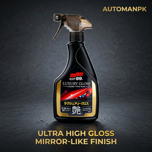 Bottle of Soft99 Luxury Gloss liquid type wax on a dark background with 'AUTOMANPK' branding.