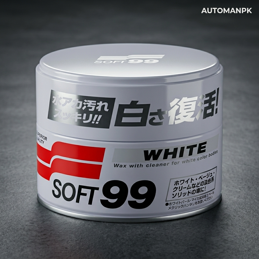 Container of Soft99 white wax with cleaner on a dark background