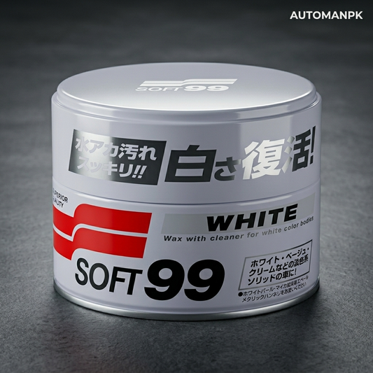 Container of Soft99 white wax with cleaner on a dark background