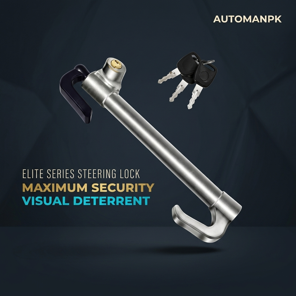 Steering lock with keys on a dark background, featuring the brand 'AUTOMANPK'.