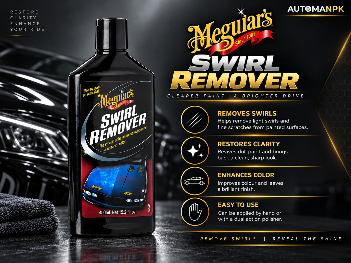 Meguar's Swirl Remover bottle shown prominently on a dark studio background with a car wheel and product feature callouts on the right. The bottle is black with a red and yellow label, and the right side includes branding and text describing the product benefits.