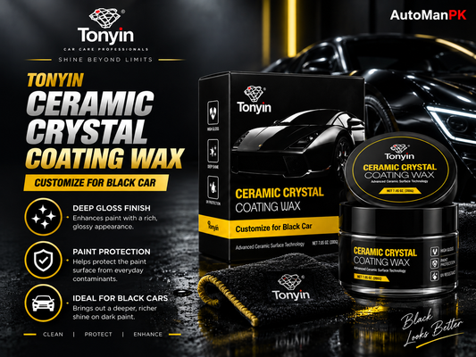 Tonyin Ceramic Crystal Coating Wax product display featuring a black box, a black jar, and a yellow-gold wax stick on a dark reflective surface with a blurred black car in the background. Promotional text highlights deep gloss finish, paint protection, and suitability for black cars.