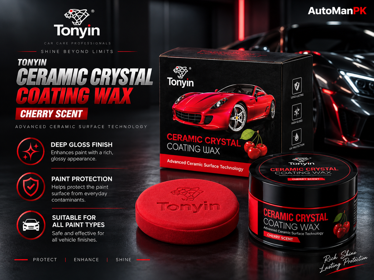 Tonyin Ceramic Crystal Coating Wax in Cherry Scent, showing the product jar, a red circular applicator pad, and the retail box on a dark studio background with a blurred car.