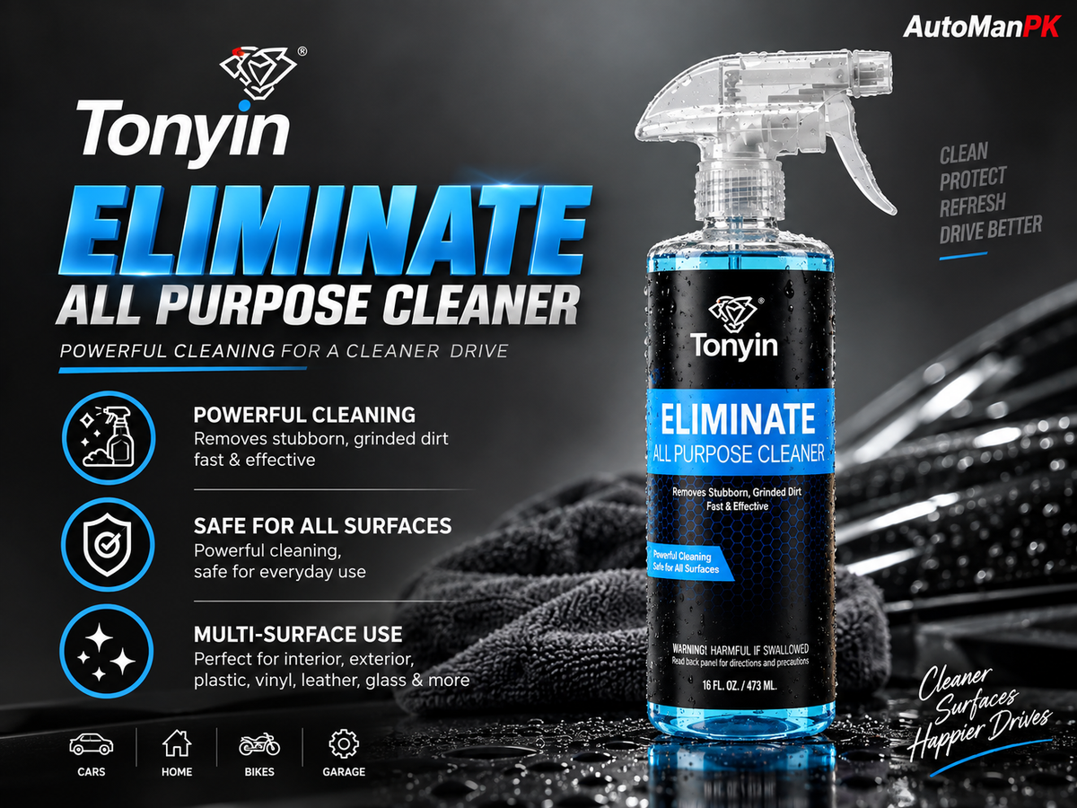 Tonyin Eliminate All Purpose Cleaner spray bottle on a dark reflective surface with promotional text and icons on the left, and a car wheel in the background on the right.