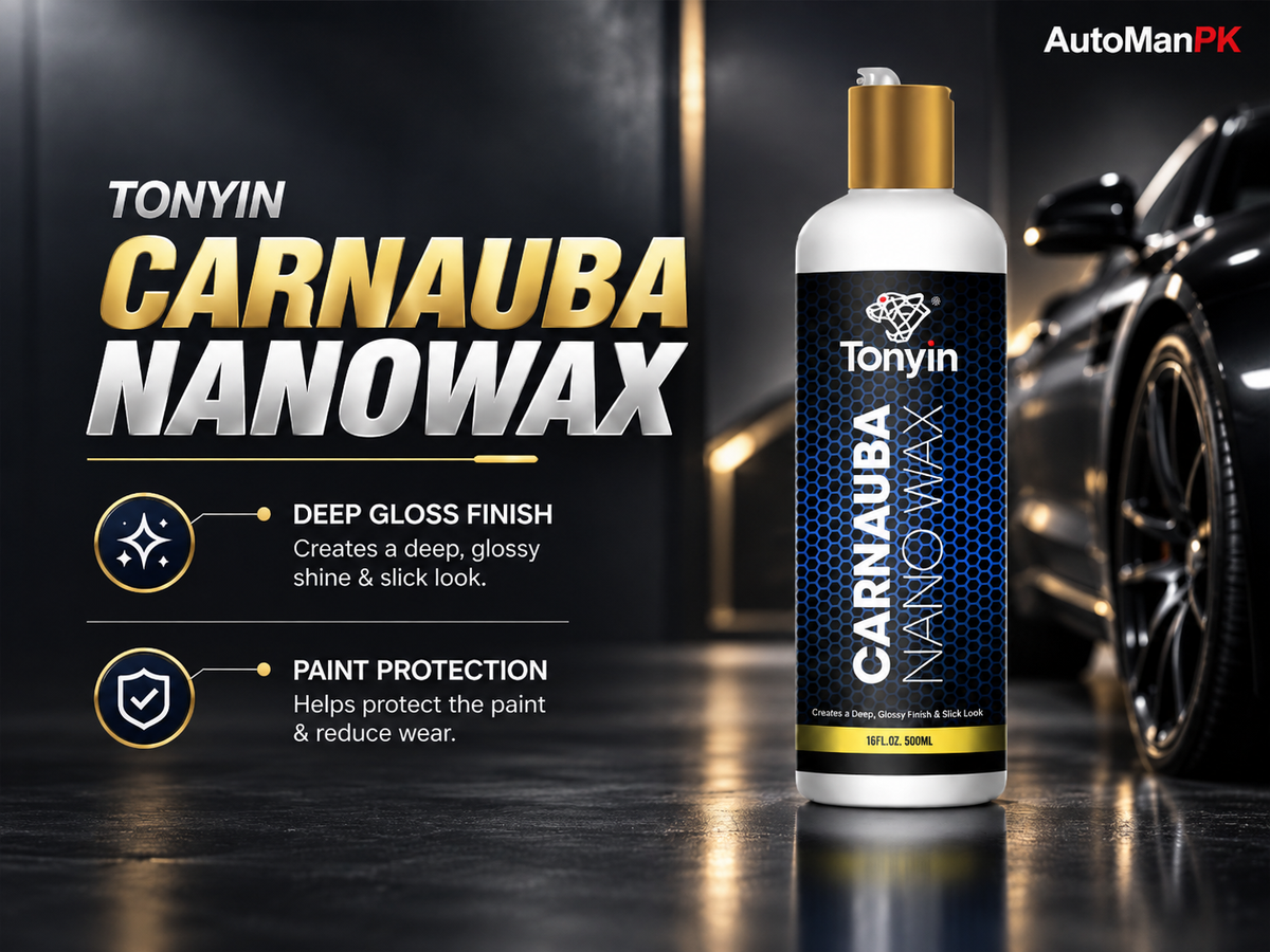 Tonyin Carnauba Nanowax car wax bottle with a gold cap and black-and-blue label, shown in front of a blurred car on a dark studio background with promotional text.