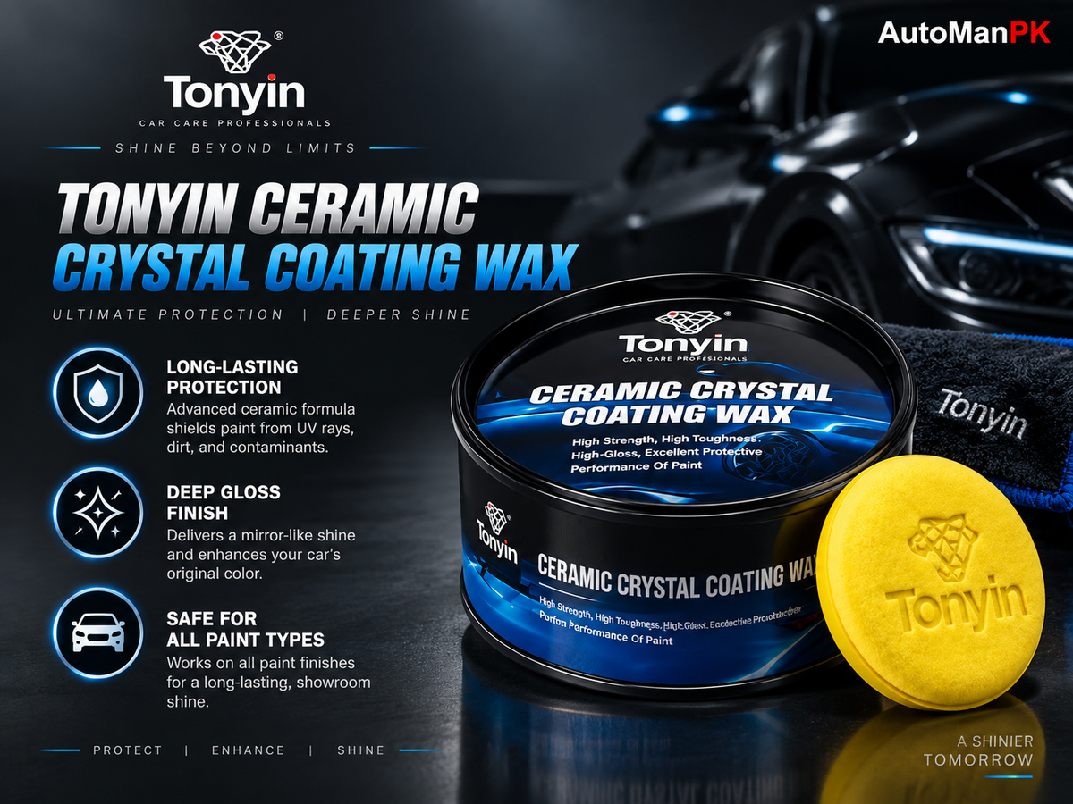 Tonyin Ceramic Crystal Coating Wax shown with a black cylindrical container, a yellow circular applicator pad, and a dark car in the background. The image includes promotional text and the AutoManPK brand logo.