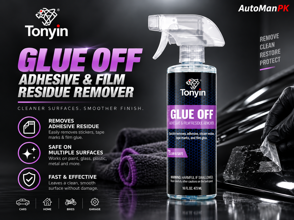 Tonyin Glue Off adhesive and film residue remover spray bottle shown on a dark promotional background with product text, icons, and a gloved hand holding a glass.