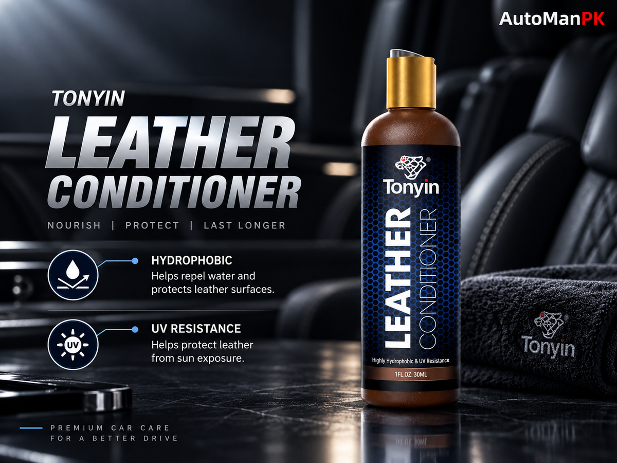 Tonyin Leather Conditioner bottle displayed on a dark car interior surface next to a branded towel, with promotional text highlighting hydrophobic and UV resistance benefits.