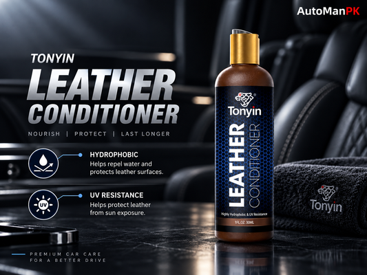 Tonyin Leather Conditioner bottle displayed on a dark car interior surface next to a branded towel, with promotional text highlighting hydrophobic and UV resistance benefits.