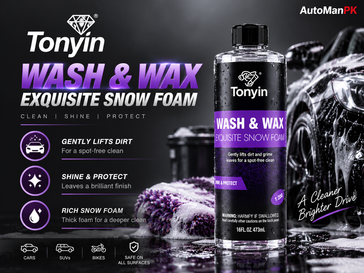 A bottle of Tonyin Wash & Wax Exquisite Snow Foam is featured on a dark, glossy promotional background with snow, water droplets, and purple text highlighting its cleaning benefits. The Tonyin brand logo is clearly visible on both the bottle and the graphic layout.