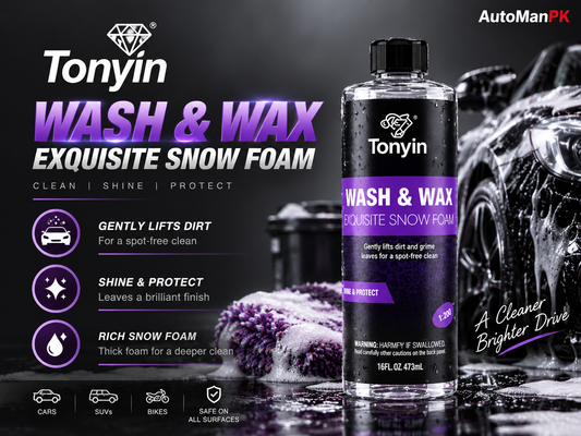 A bottle of Tonyin Wash & Wax Exquisite Snow Foam is featured on a dark, glossy promotional background with snow, water droplets, and purple text highlighting its cleaning benefits. The Tonyin brand logo is clearly visible on both the bottle and the graphic layout.