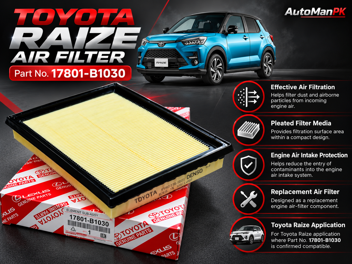 Toyota Raize air filter part number 17801-B1030 shown on top of its branded red and white box, with a blue Toyota vehicle pictured in the background. The image includes feature callouts and the AutoManPK brand logo.