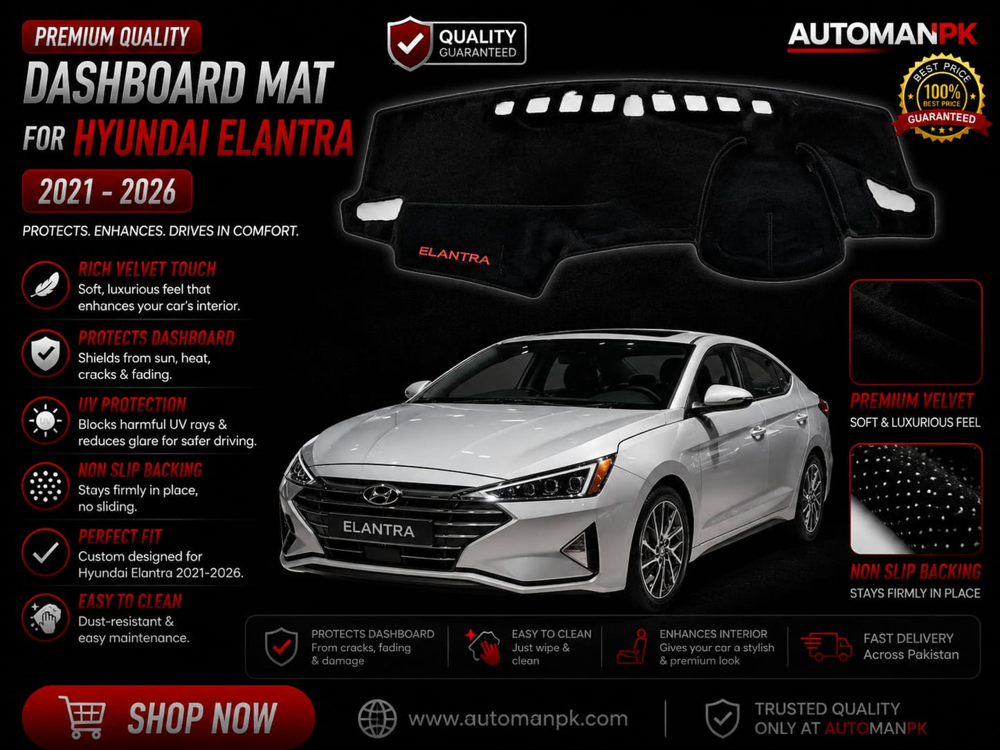 Hyundai Elantra 2021-2024 Velvet Dashboard Mat – Anti-Glare | Non-Slip | Custom Fit