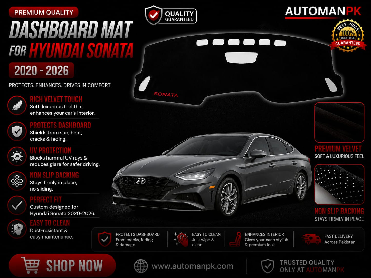 Hyundai Sonata 2021-2026 Velvet Dashboard Mat – Anti-Glare | Non-Slip | Custom Fit