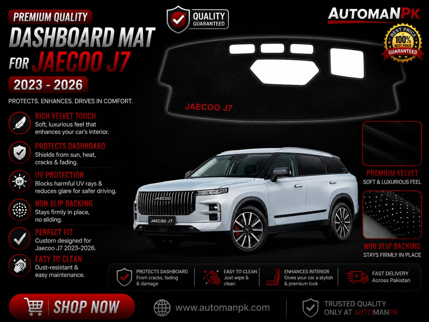 Jaecoo J7 Velvet Dashboard Mat – Anti-Glare | Non-Slip | Custom Fit