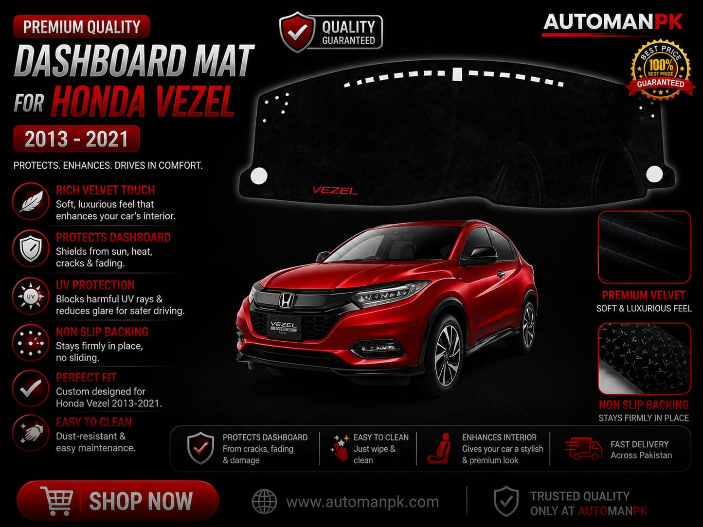 Honda Vezel 2013-2021 Velvet Dashboard Mat – Anti-Glare | Non-Slip | Custom Fit