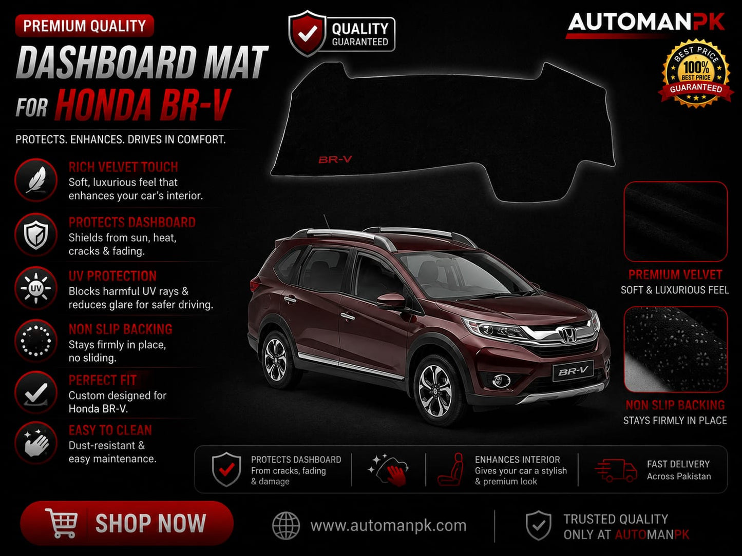 Honda BR-V 2017-2026 Velvet Dashboard Mat – Anti-Glare | Non-Slip | Custom Fit