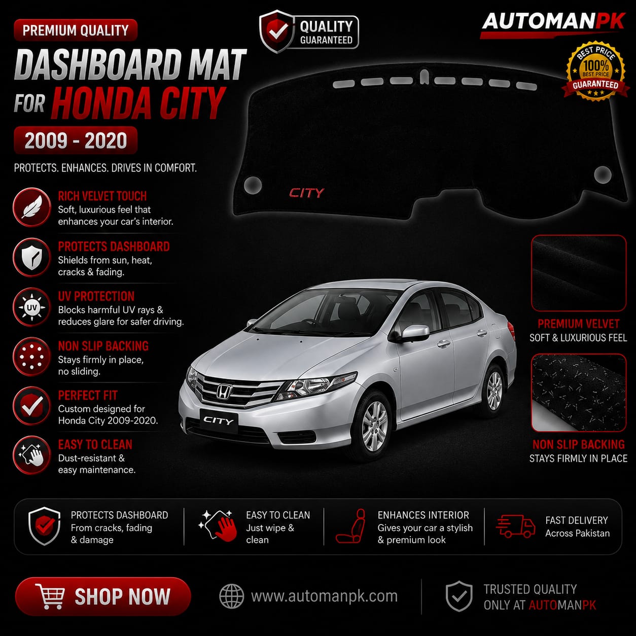 Honda City 2009-2020 Velvet Dashboard Mat – Anti-Glare | Non-Slip | Custom Fit