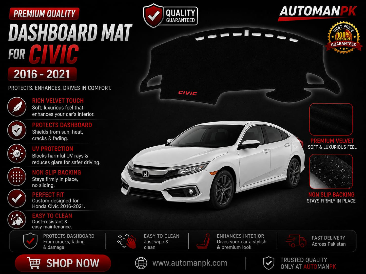 Honda Civic 2016-2021 Velvet Dashboard Mat – Anti-Glare | Non-Slip | Custom Fit