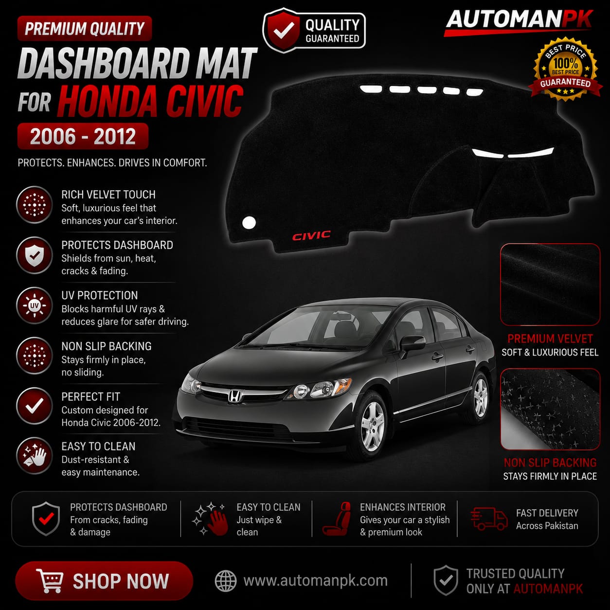 Honda Civic 2006-2011 Velvet Dashboard Mat – Anti-Glare | Non-Slip | Custom Fit
