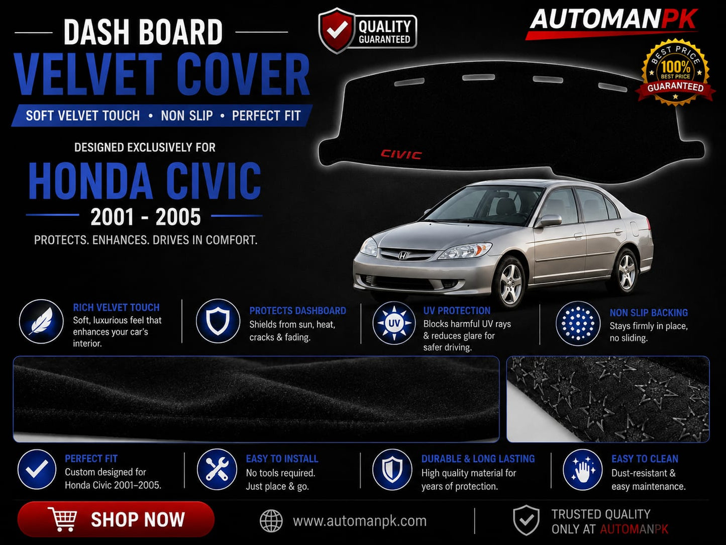 Honda Civic 2001-2004 Velvet Dashboard Mat – Anti-Glare | Non-Slip | Custom Fit