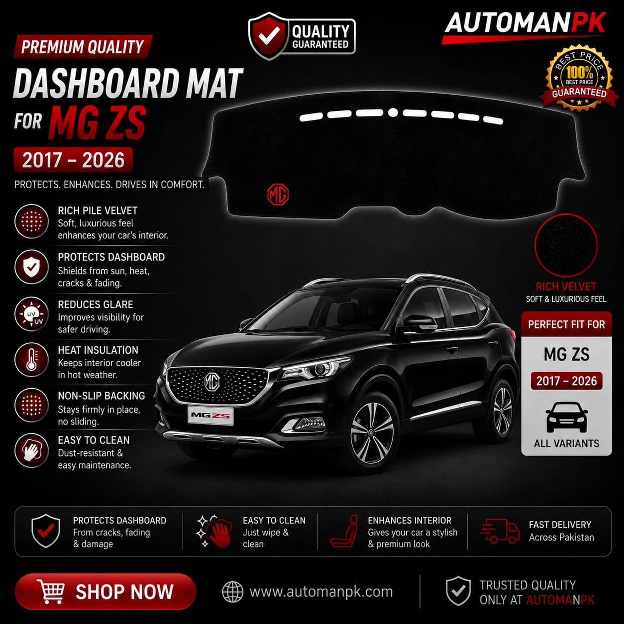 MG ZS 2018-2026 Velvet Dashboard Mat – Anti-Glare | Non-Slip | Custom Fit