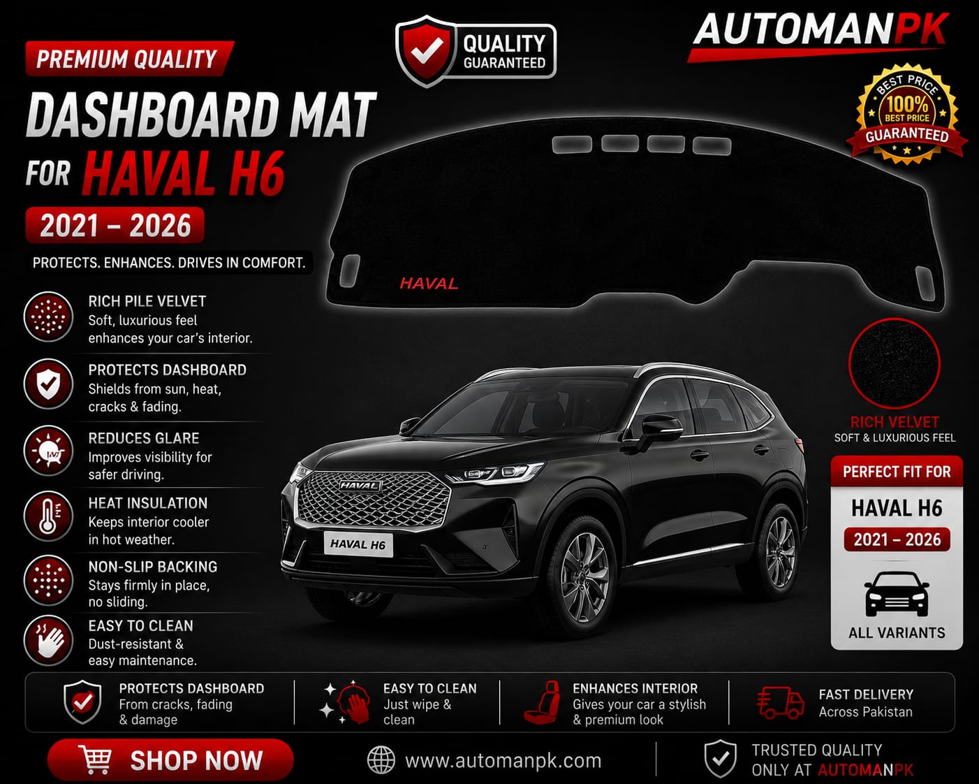 Haval H6 Velvet Dashboard Mat – Anti-Glare | Non-Slip | Custom Fit