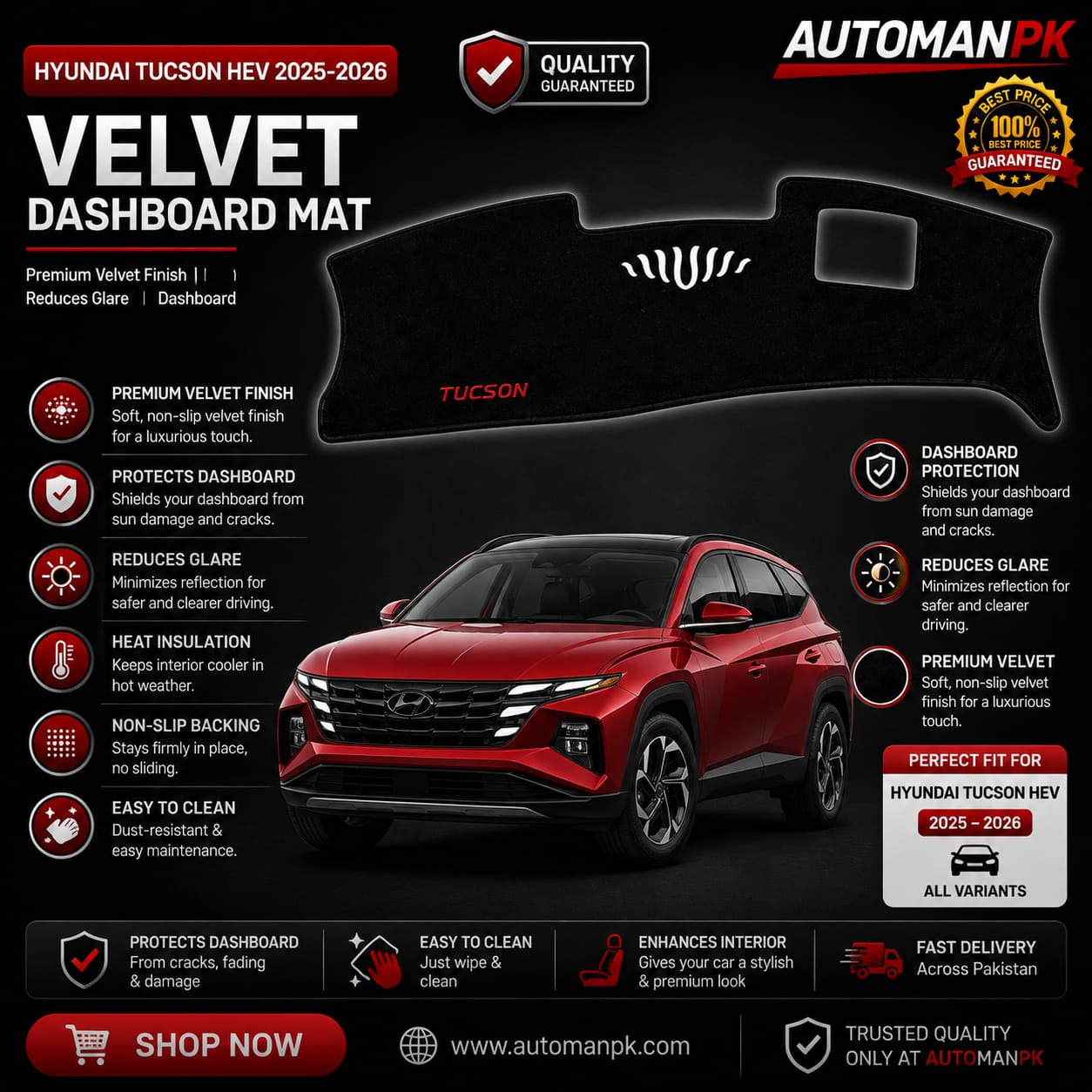Hyundai Tucson 2025-2026 Velvet Dashboard Mat – Anti-Glare | Non-Slip | Custom Fit