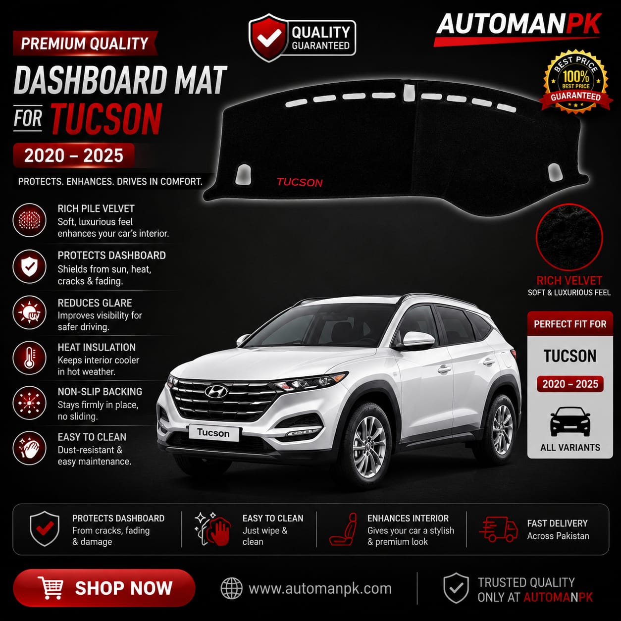 Hyundai Tucson 2022-2024 Velvet Dashboard Mat – Anti-Glare | Non-Slip | Custom Fit