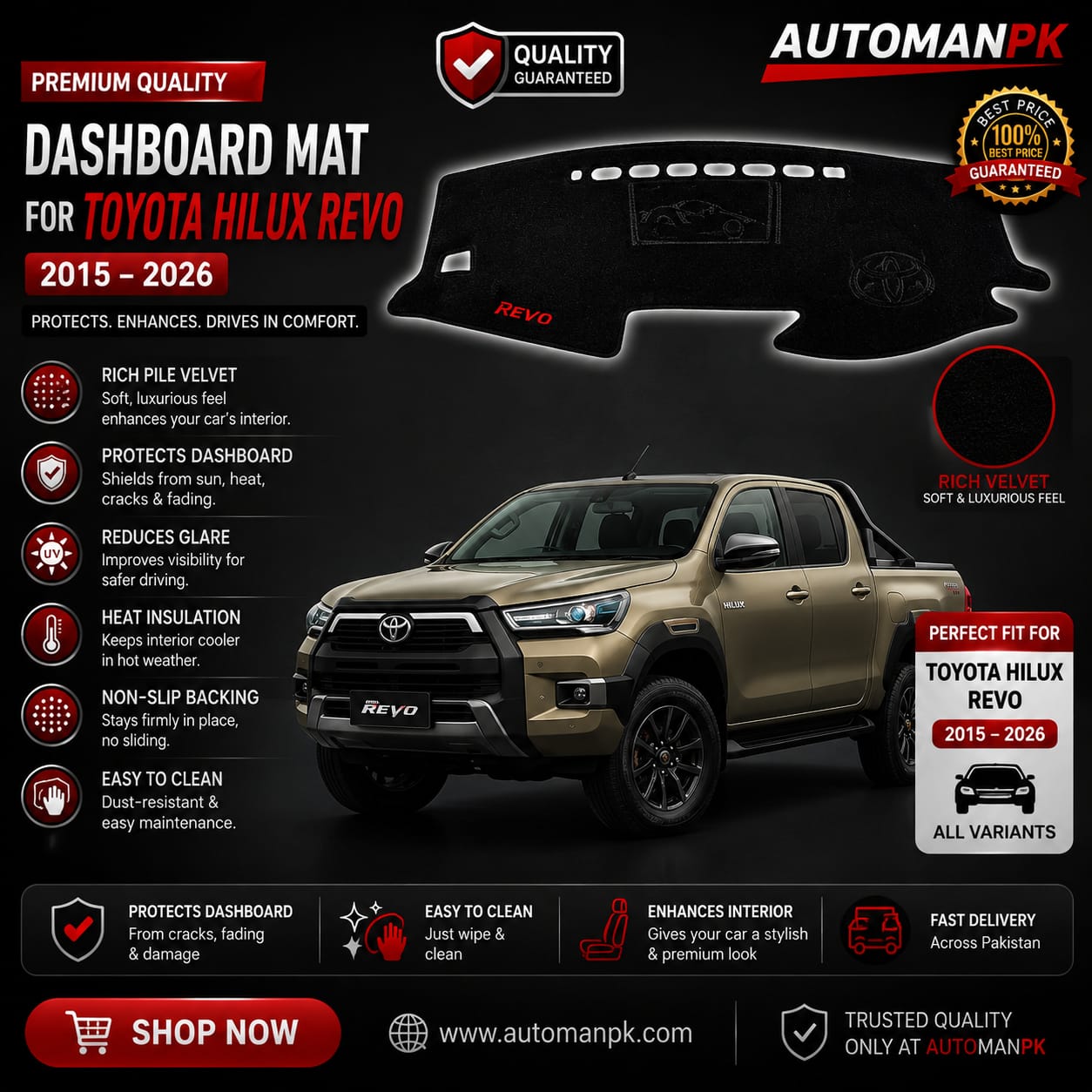 Toyota Revo 2016-2026 Velvet Dashboard Mat – Anti-Glare | Non-Slip | Custom Fit