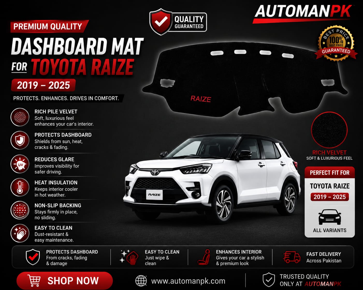 Toyota Raize Velvet Dashboard Mat – Anti-Glare & Non-Slip | Custom Fit